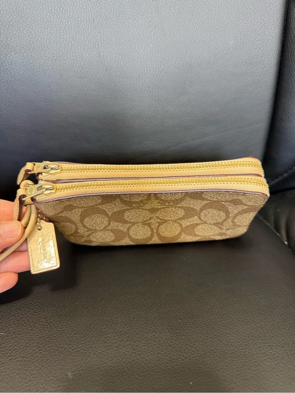 Coach Double Zip Signature Canvas Wristlet in Brown/Tan